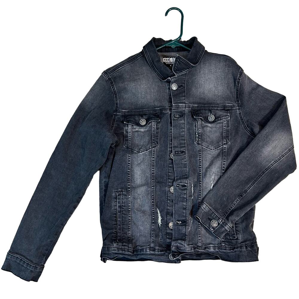 Hang Ten Denim Jacket Mens M Black Faded Distressed Stretch 90s Light Grunge